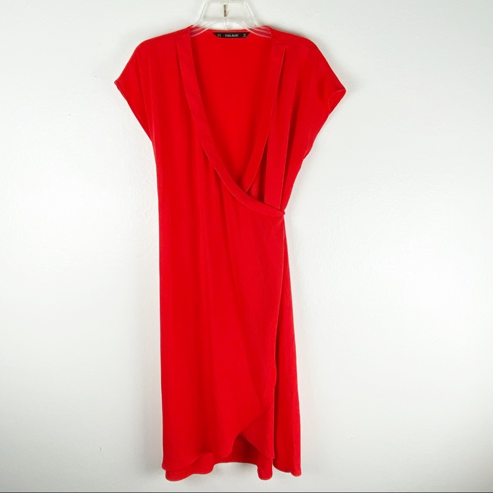 ZARA Red Orange Short Sleeves True Wrap Dress Size Medium Casual Party